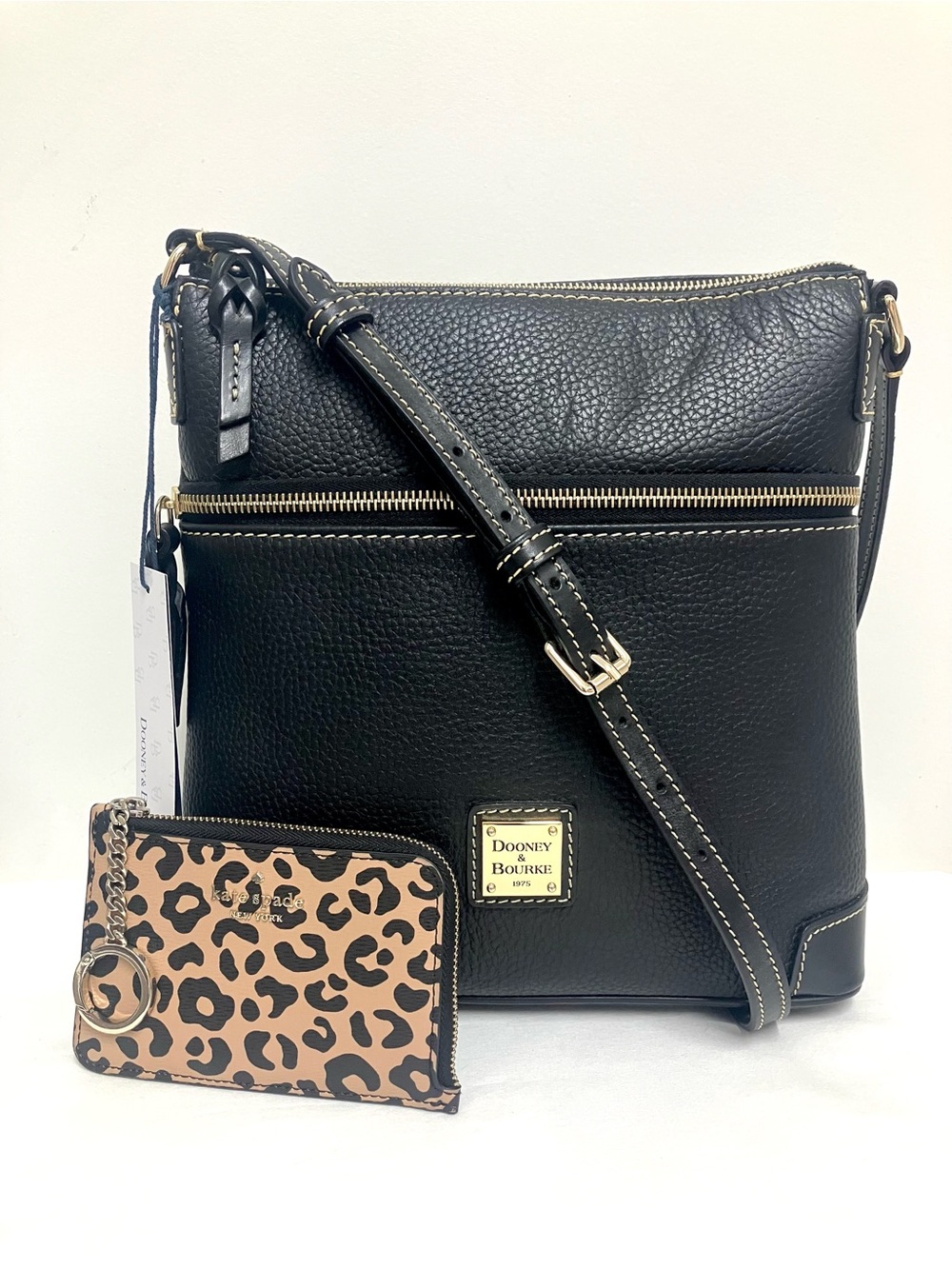 Dooney & Bourke Black/Black Pebbled Leather Crossbody with KS Leopard Card Case